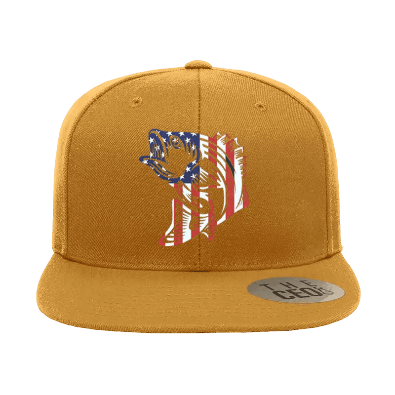 American Flag Fish Embroidered Flat Bill Cap