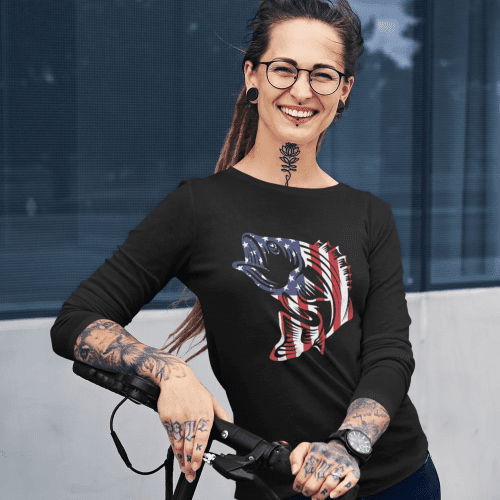 American flag fish women longsleeve black model