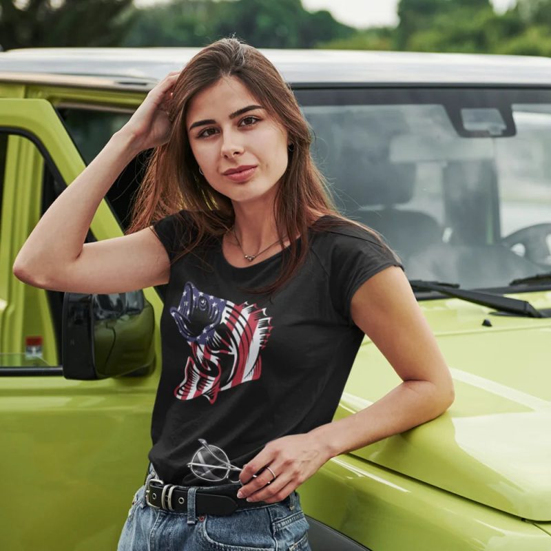 American flag fish women t shirt black model