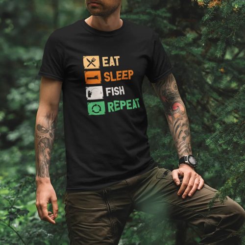 Eat sleep fish repeat men t shirt black model