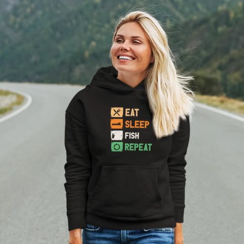 Eat sleep fish repeat unisex hoodie black model