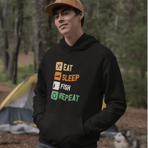 Eat sleep fish repeat unisex hoodie black model 2