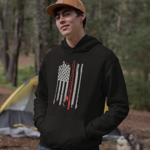 Fishing rod american flag unisex hoodie black model