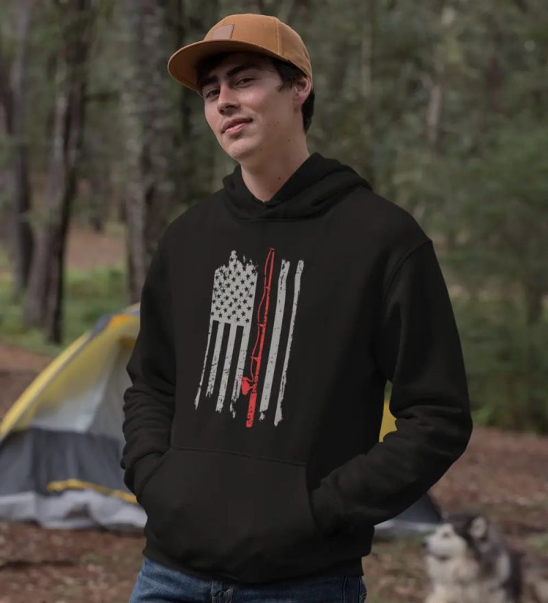 Fishing rod american flag unisex hoodie black model