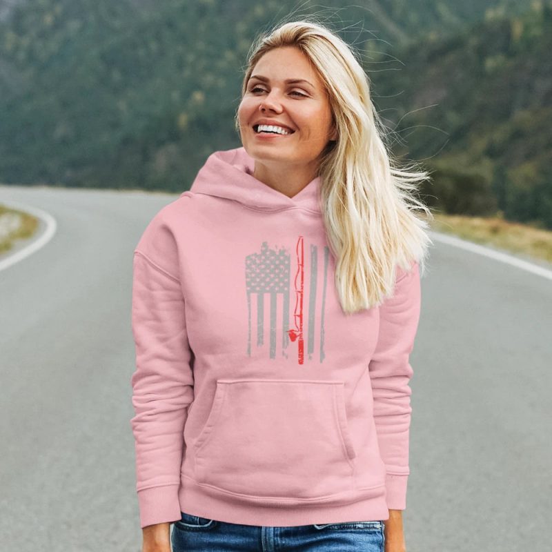 Fishing rod american flag unisex hoodie pink model