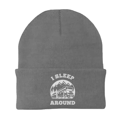 I sleep around embroidered beanie gray