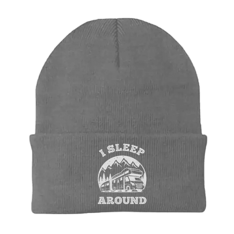 I sleep around embroidered beanie gray