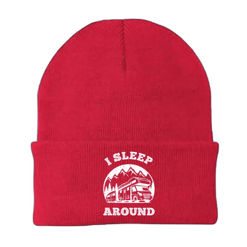 I sleep around embroidered beanie red