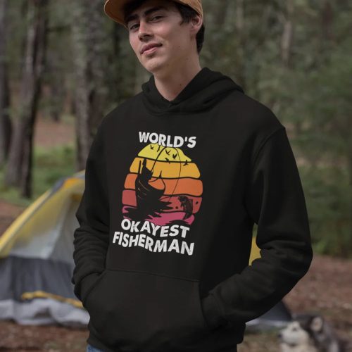 Worlds okayest fisherman unisex hoodie black model