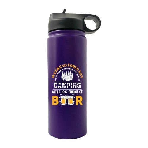 Weekend Forecast, Camping with 100% Beer 20oz Insulated Stainless Steel Vacuum Sport Water Bottle